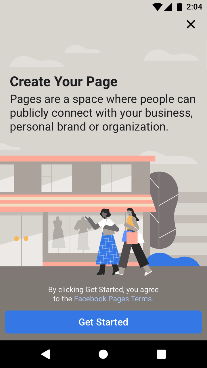 Intro screen: what a Facebook Page gives a business